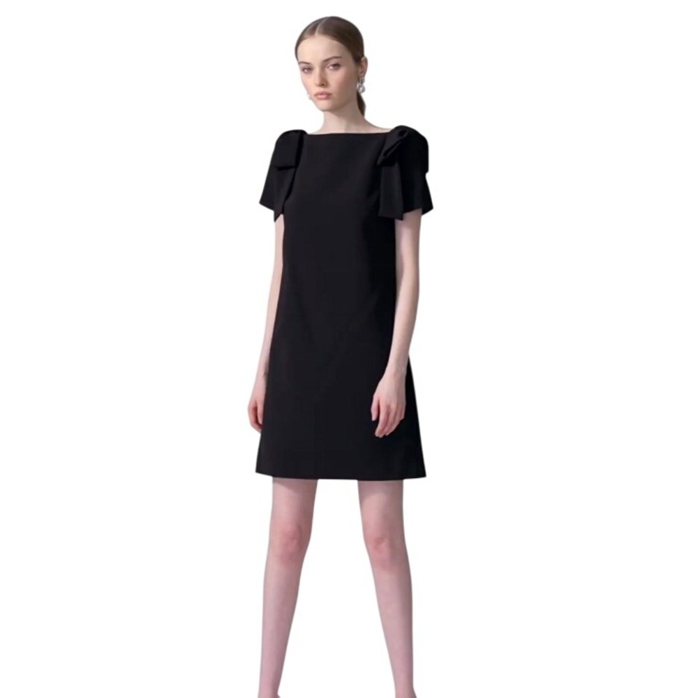 PINKO Black Square Neck Flutter Sleeve Dress Made in Italy,‎ 6